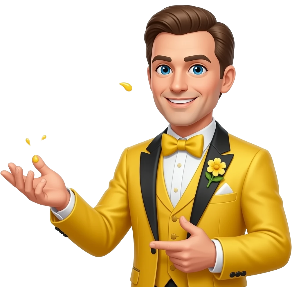 stage magician but his suit is yellow and he has a flower on his lapelle shooting yellow liquid emoji
