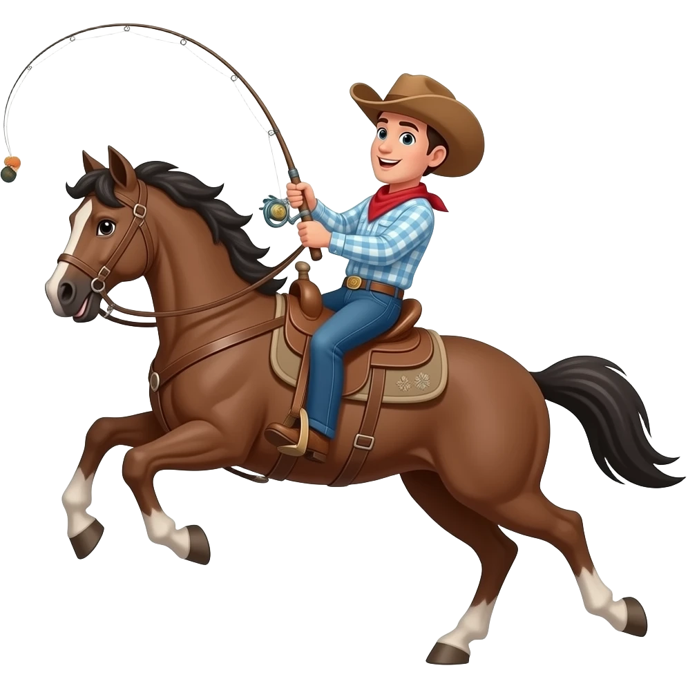 a cowboy falling off a horse, with a fishing rod in his hand emoji