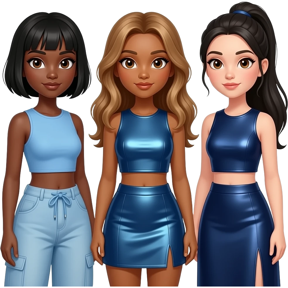 3LW with Naturi with dark skin, brown eyes, short black hair, light blue crop top and baggy pants, Adrienne with brown eyes, olive skin, long golden brown hair, indigo metallic crop top and skirt, Kiely with tan skin, hazel eyes, long black ponytail hair, dark blue metallic crop top and long skirt emoji