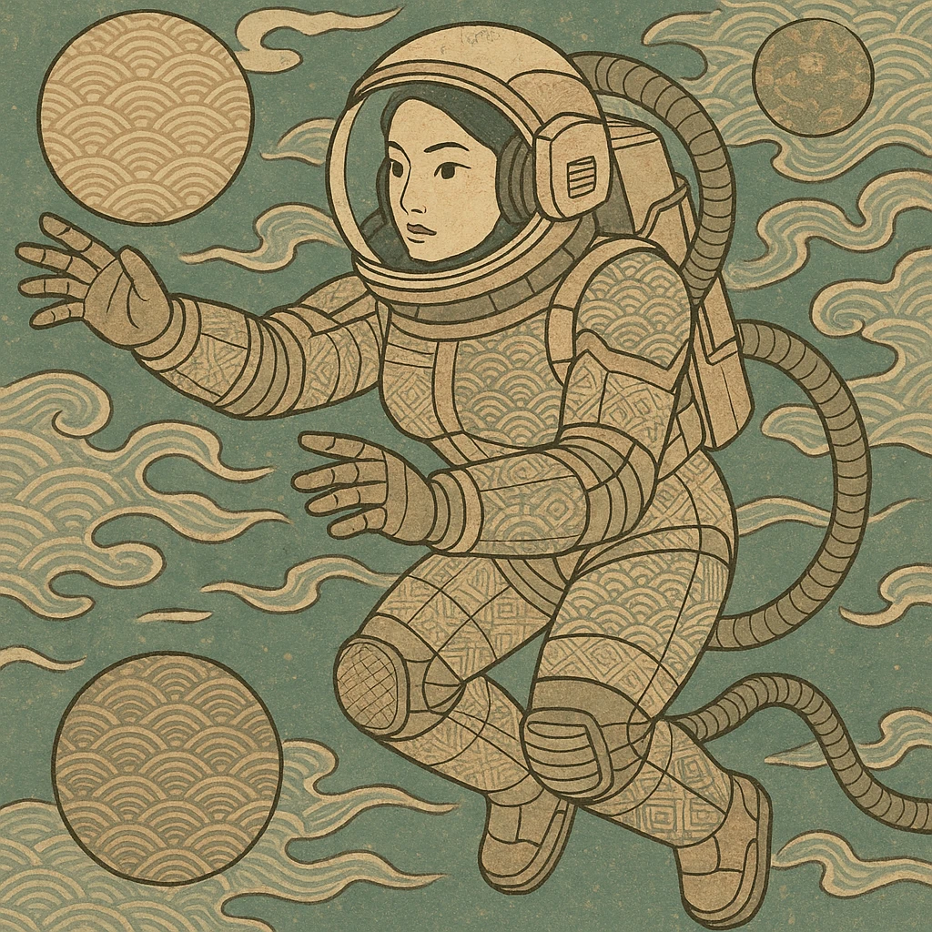 a tactical female space warrior floating in zero-g EVA operations, reaching in front of her emoji