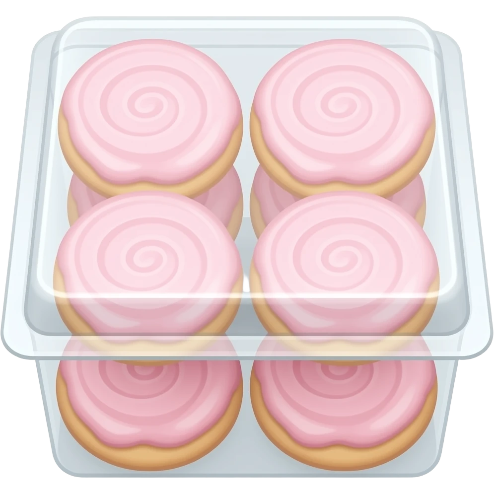 6 sugar cookies with pink frosting packaged in a transparent plastic box emoji