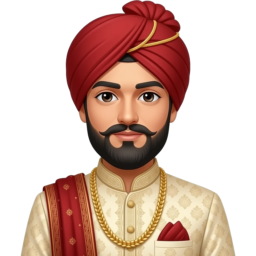 A Pakistani groom with a very long beard in traditional cream sherwani and red headwear and shawl emoji