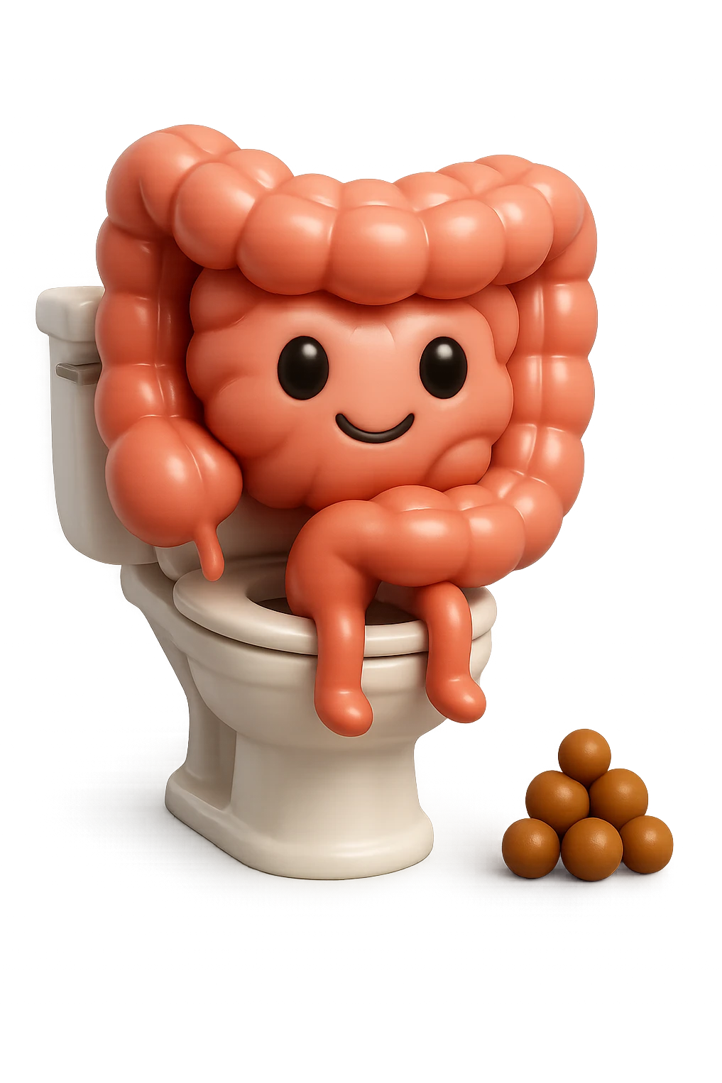 EMOJI STILE IPHONE 3D DI UN INTESTINO CHE sta seduto sul wc e davanti ha una montagnetta di feci a palline stile emoji iphone E FALLO MOLTO REALISTICO IN 3D emoji
