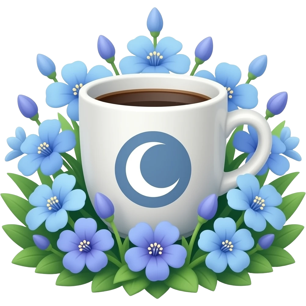 Coffee cup with a moon symbol on the cup in a garden of light blue and purple flowers emoji