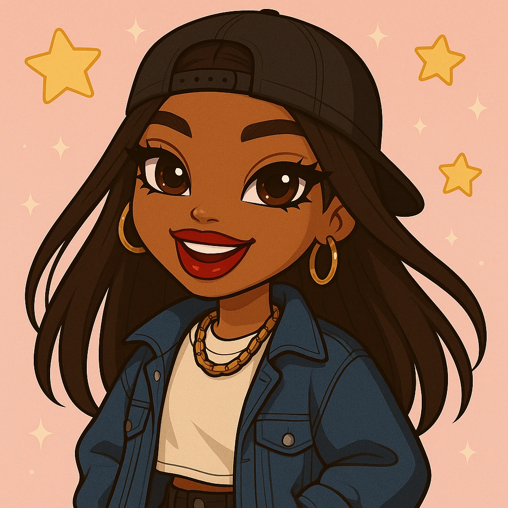 Change her expression to happy, keep her as a 20-year-old anime Bratz style woman with dark skin, dark hair, trendy streetwear, big expressive eyes, and glossy lips. No tears. Maintain the anime Bratz style look. emoji