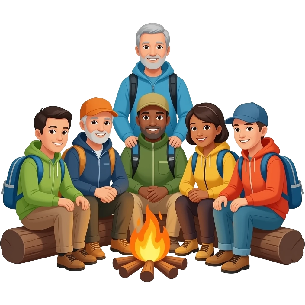 age and race diverse adults sitting around a campfire wearing camping clothing no visible backpacks emoji