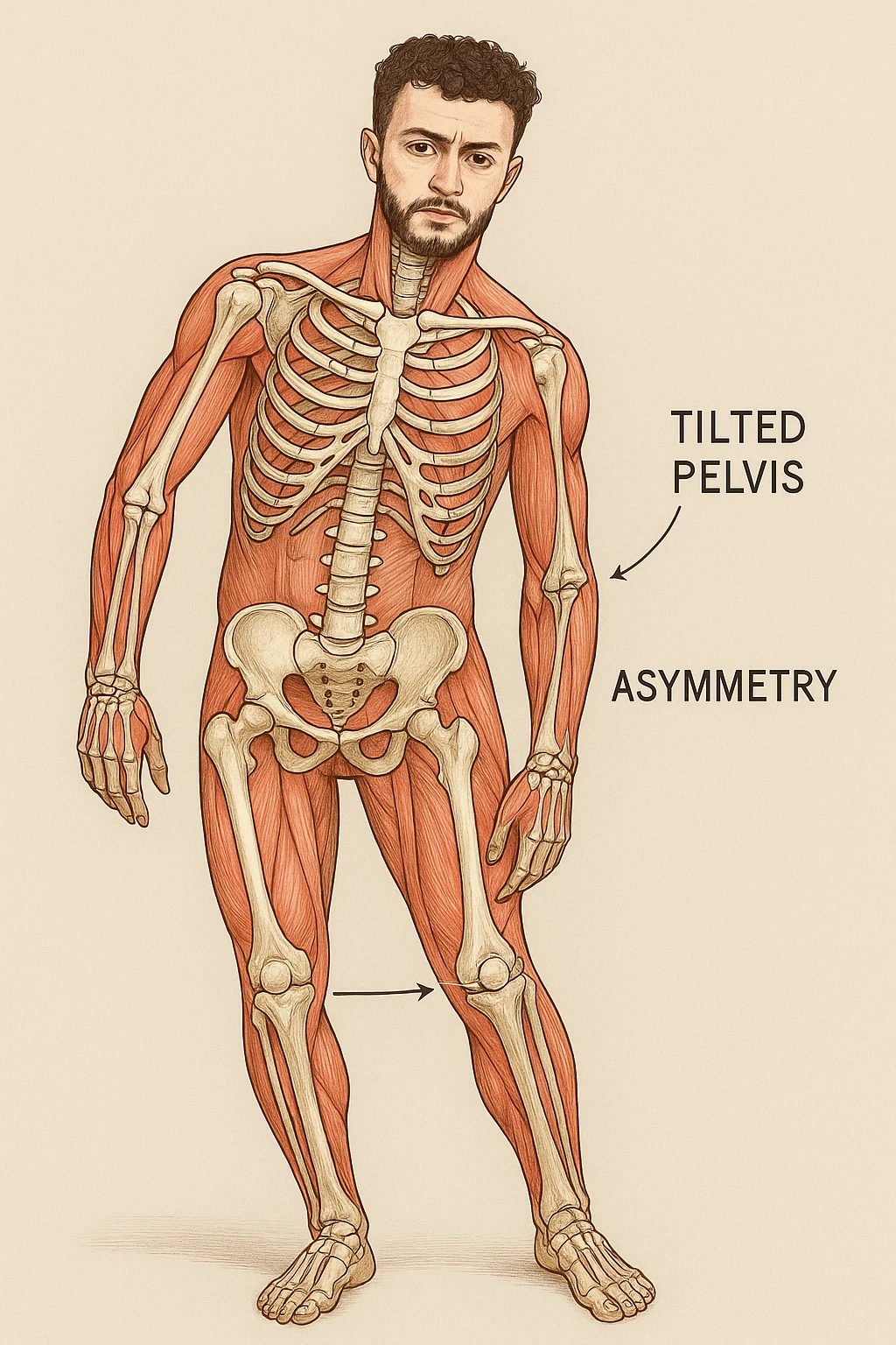 Uomo con problemi di asimmetrie e bacino inclinato, visione anatomica emoji