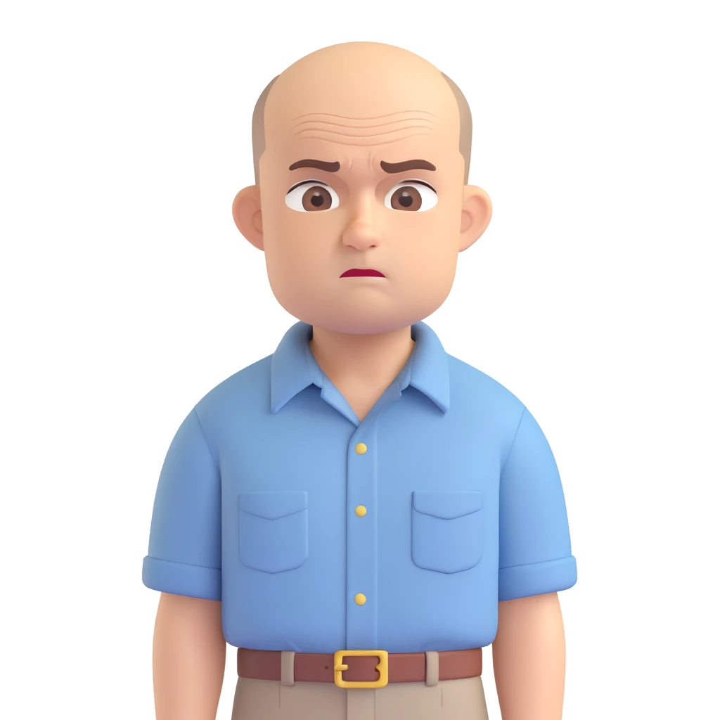 Carl from Sling Blade, stern look, chin protruding, slouch, no glasses, collared shirt, three-quarter face angle, full standing body, head pushed forward, emoji style emoji