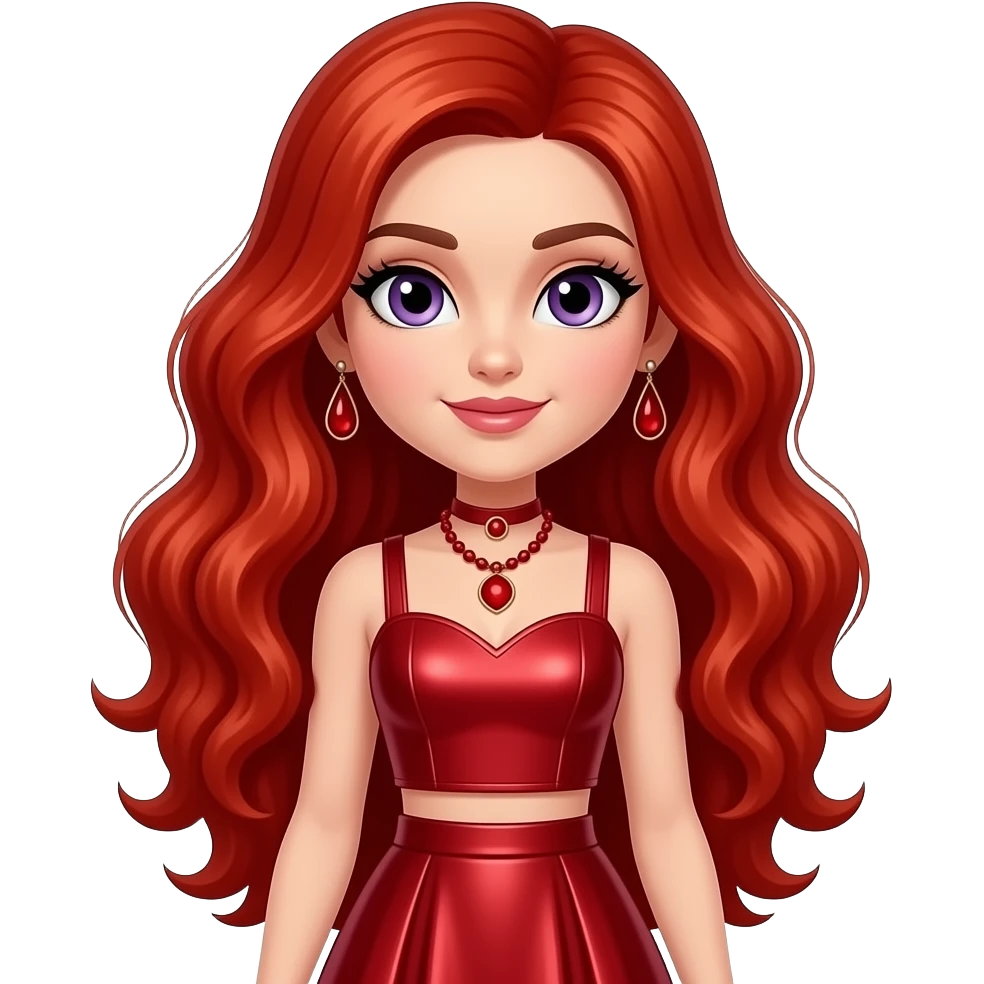 Ruby Anderson from Rainbow High with purple eyes, long fiery red wavy hair, red metallic sweetheart crop top and long skirt, red necklace and earrings emoji