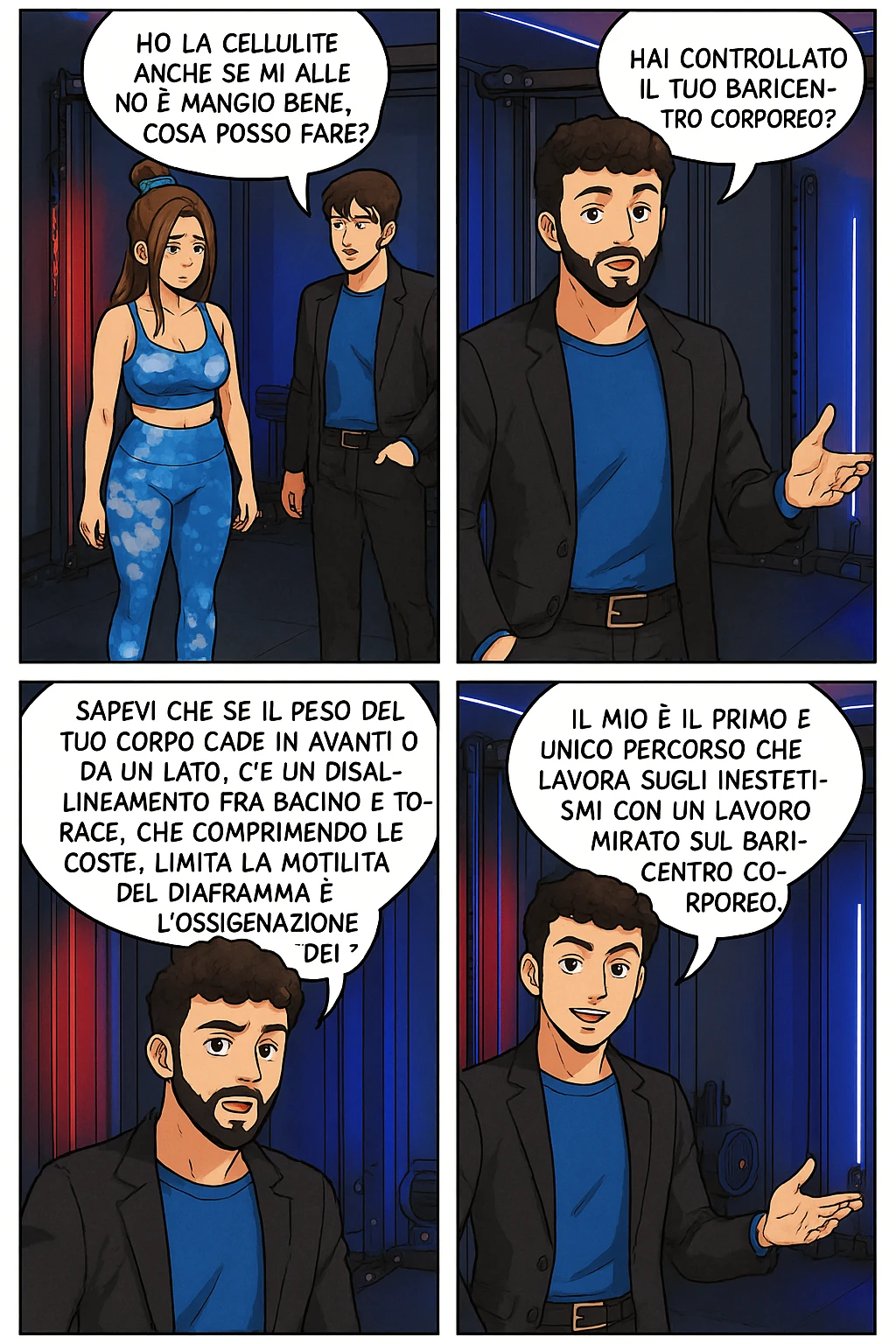 TRASFORMA QUESTO CAROSELLO IN UN FUMETTO STILE MANGA A COLORI CON QUESTE DUE PERSONE IDENTICHE CHE INTERLOQUISCONO TRA LORO:

LEI: Ho la cellulite anche se mi alleno e mangio bene, cosa posso fare?

LUI: Hai controllato il tuo baricentro corporeo?
LUI: Sapevi che se il peso del tuo corpo cade in avanti o da un lato, c’è un disallineamento fra bacino e torace, che comprimendo le coste, limita la motilità del diaframma e l’ossigenazione dei tessuti?
LUI: Il mio è il primo e unico percorso che lavora sugli inestetismi con un lavoro mirato sul baricentro corporeo. emoji