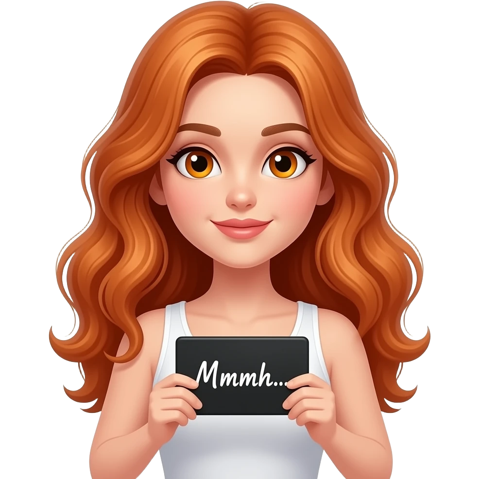 sexy girl with long wavy ginger hair and ginger eyes wearing a white tanktop is holding a black colored sign with Mmmh... written on it emoji