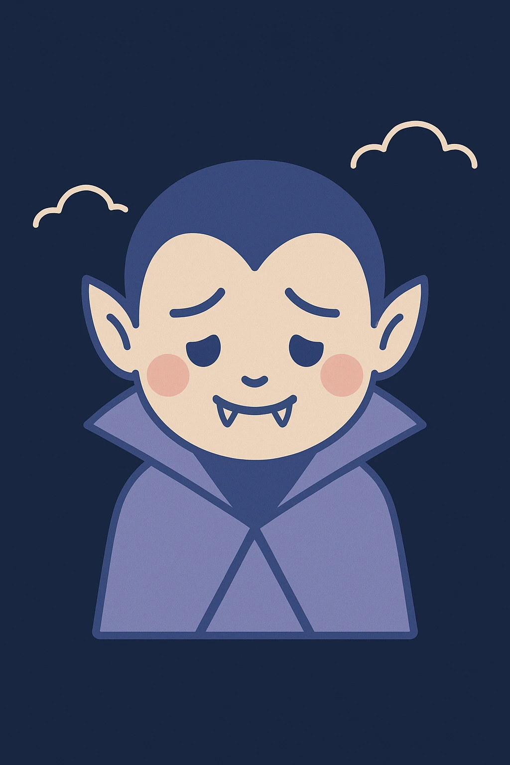 2D shy vampire emoji looking down with blush, fangs barely visible, hint of fear in eyes, dark moody background emoji