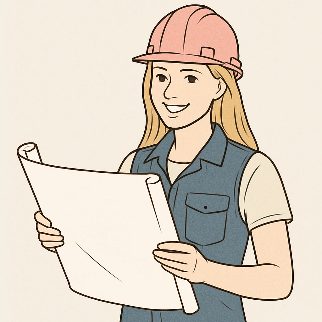 blonde female construction worker with a pink hard hat, smiling, holding a blueprint, minimal background emoji