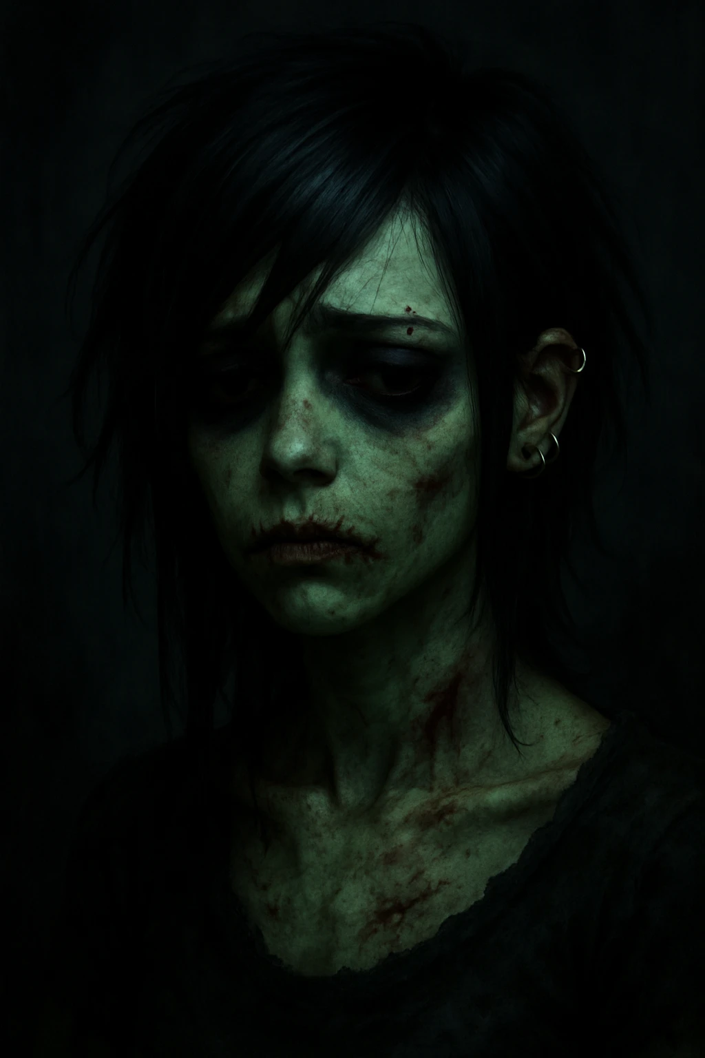 zombie girl with black emo hairstyle, heavy eyeliner, piercings, pale greenish skin, sad expression emoji