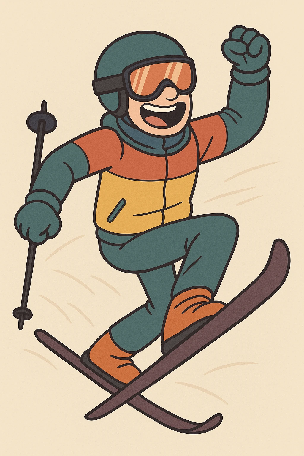 a ski guy with goggles and helmet, colorful ski suit, energetic, cartoon style emoji