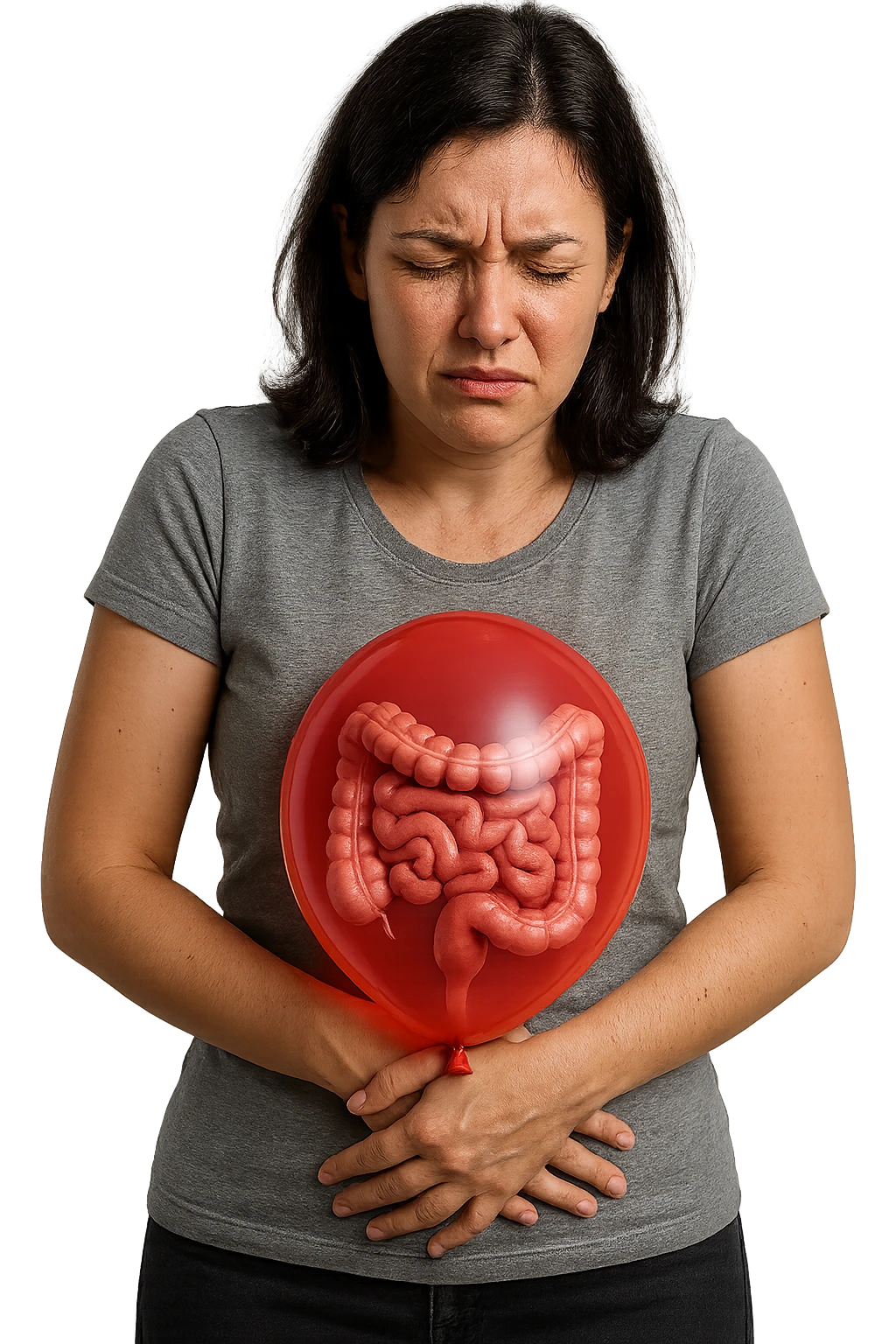 donna con mal di pancia e intestino umano anatomico chiuso in un palloncino rosso sulla pancia, iperrealistica 4k emoji