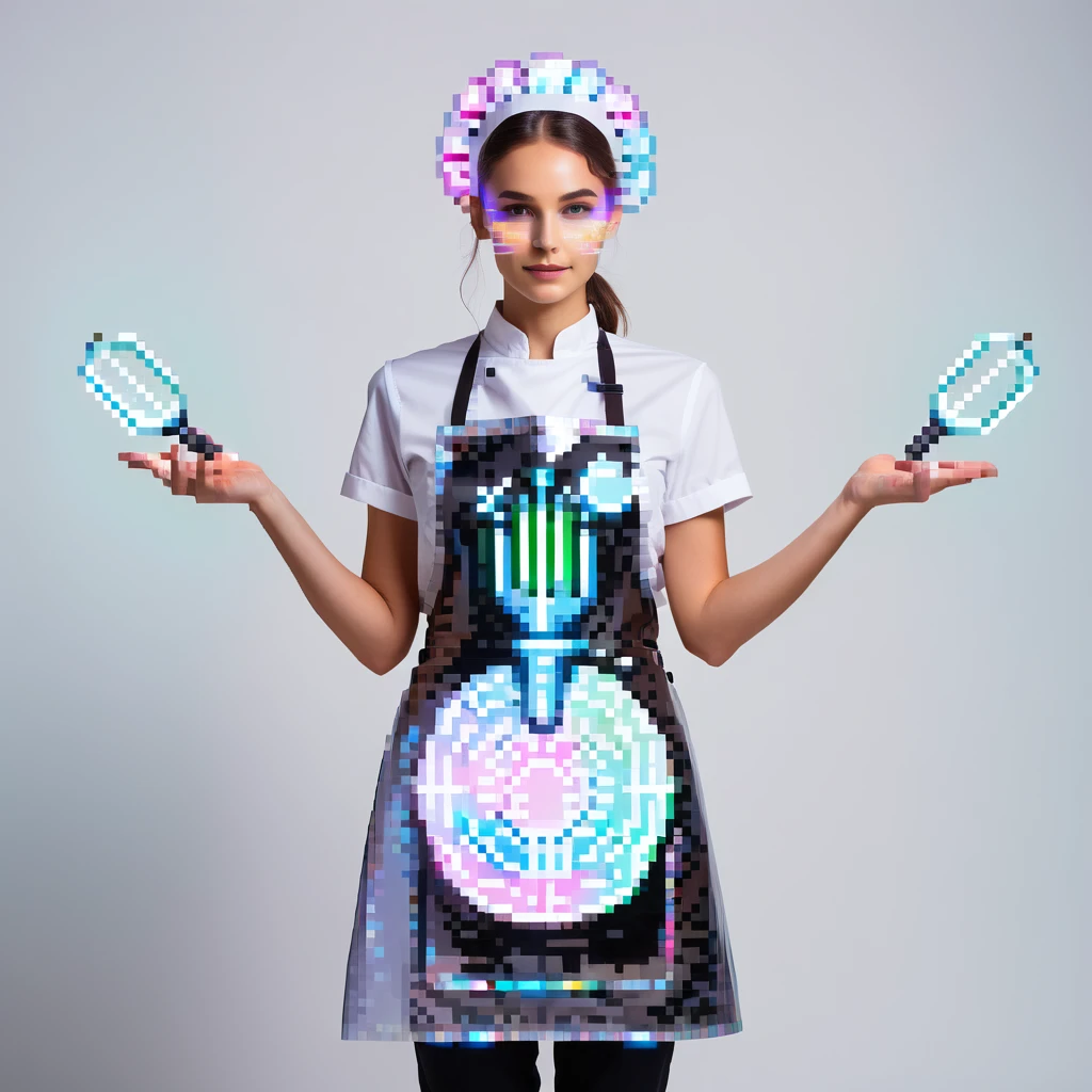 Portrait of a futuristic baker in skeuomorphism style, same pose and lighting as previous levels, wearing a translucent apron with holographic patterns, glowing hologram interface floating around hands, holding a digital whisk made of light beams, subtle neon reflections on face and clothes emoji