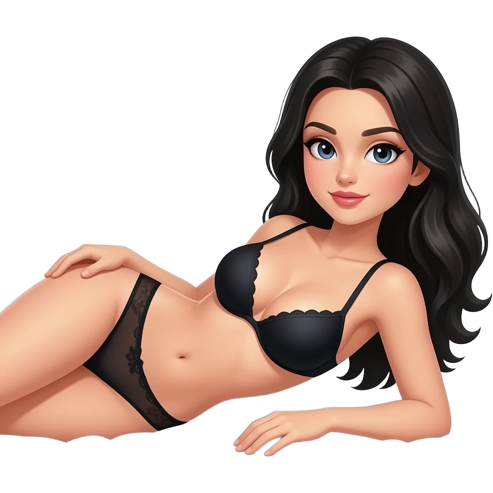 sexy girl laying on bed with bra and panties with black hair emoji