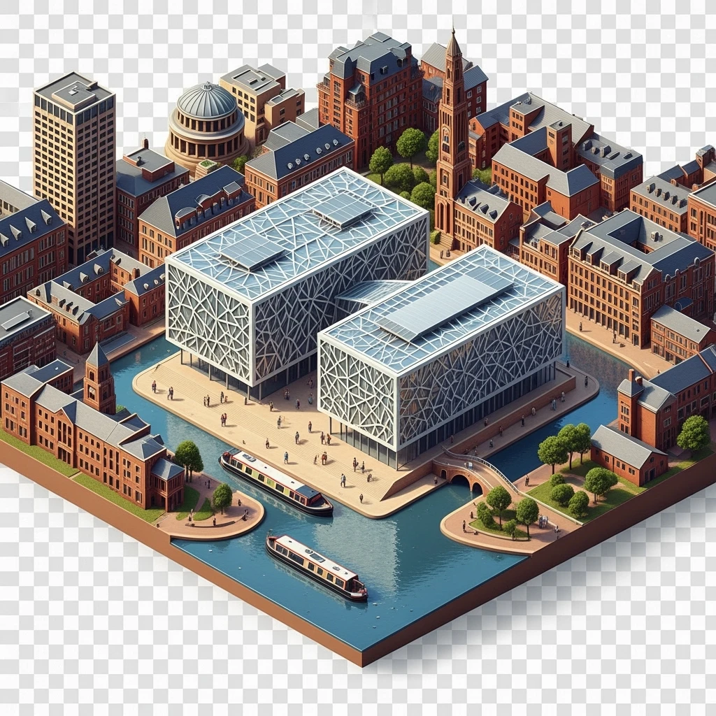 Isometric illustration of Birmingham, featuring the Library of Birmingham with its modern architecture and nearby canals, highly detailed in semi-realistic style, balanced between stylized and realistic, 3D miniature effect, transparent background. emoji