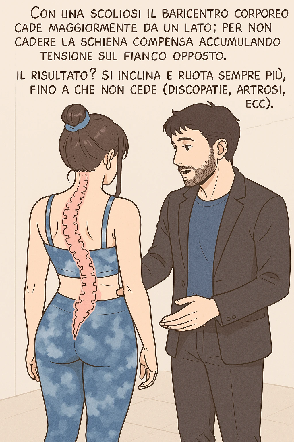 fai questa immagine in versione manga/webtoon a colori, il manga mostra la donna di spalle, mentre l'uomo le tocca la spina dorsale per spiegarle come funziona la scoliosi:
Con una scoliosi il baricentro corporeo cade maggiormente da un lato; per non cadere la schiena compensa accumulando tensione sul fianco opposto.
Il risultato? Si inclina e ruota sempre più, fino a che non cede (discopatie, artrosi, ecc) emoji