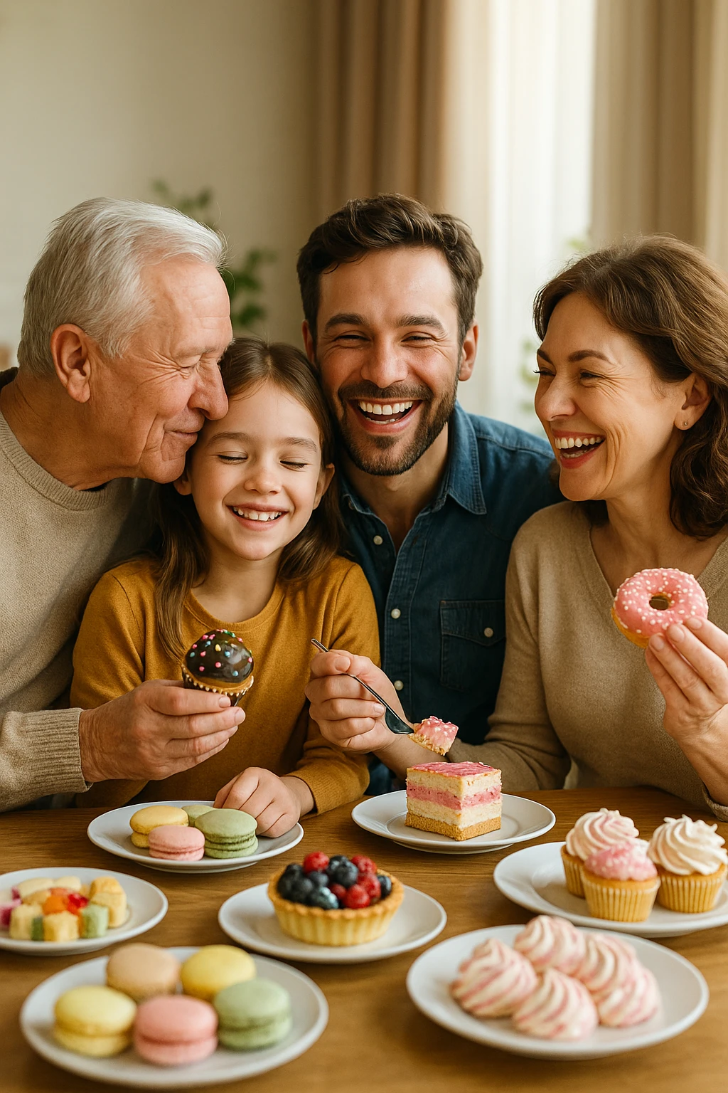 famiglia unita che dà amore e riceve amore e mangiano insieme dolci felici. realistiche emoji