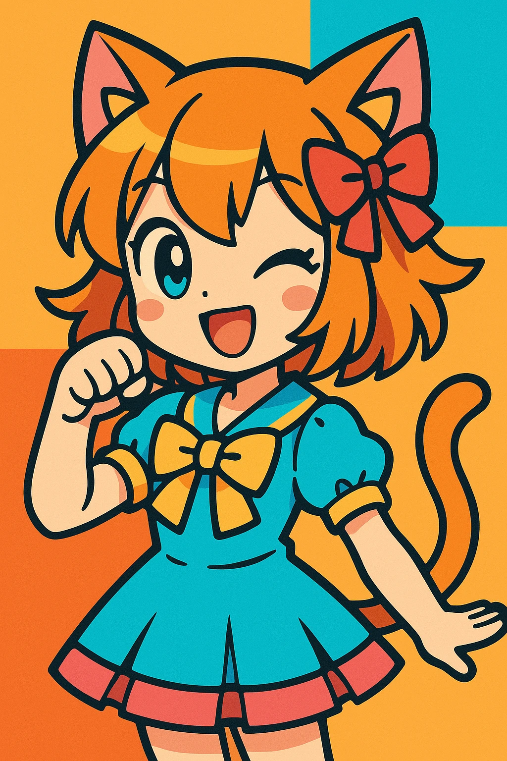 anime catgirl, vibrant colors, large expressive eyes, cat ears, playful pose, detailed hair, cute outfit emoji