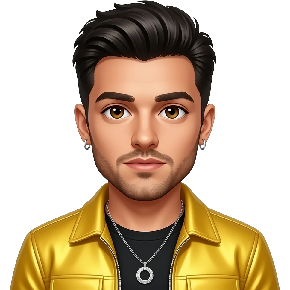 Zayn Malik from One Direction with brown eyes, black hair, yellow metallic pop tour outfit, necklace and earrings emoji