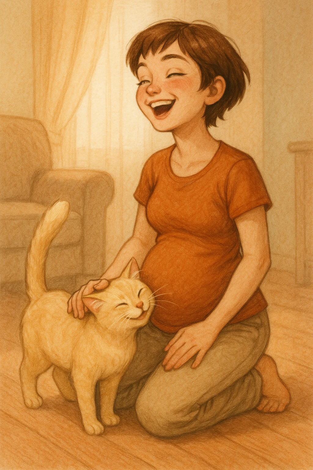 A pregnant girl with short brown hair and green eyes, kneeling on the floor with a blonde cat rubbing against her. The girl is laughing and petting the cat. emoji