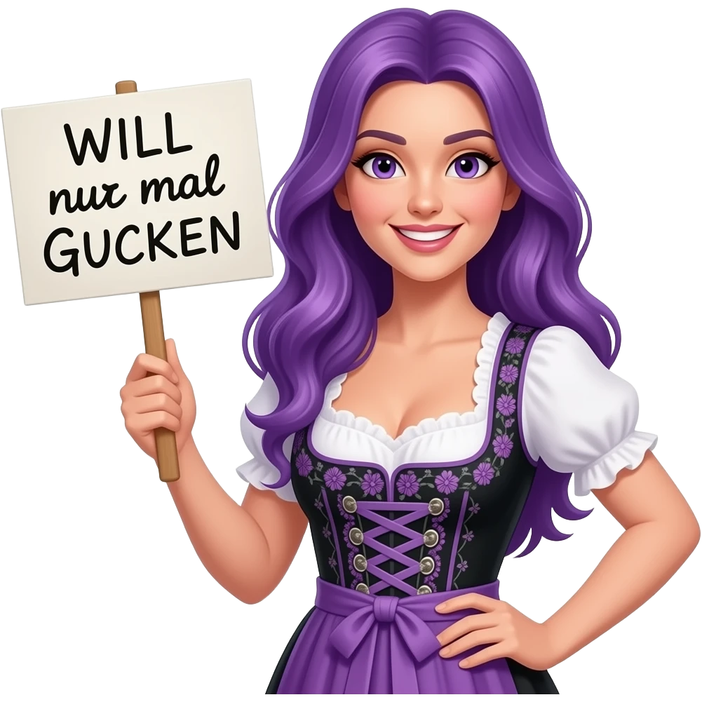 sexy girl with long purple hair and purple eyes wearing a dirndl holding a WILL nur mal GUCKEN sign emoji