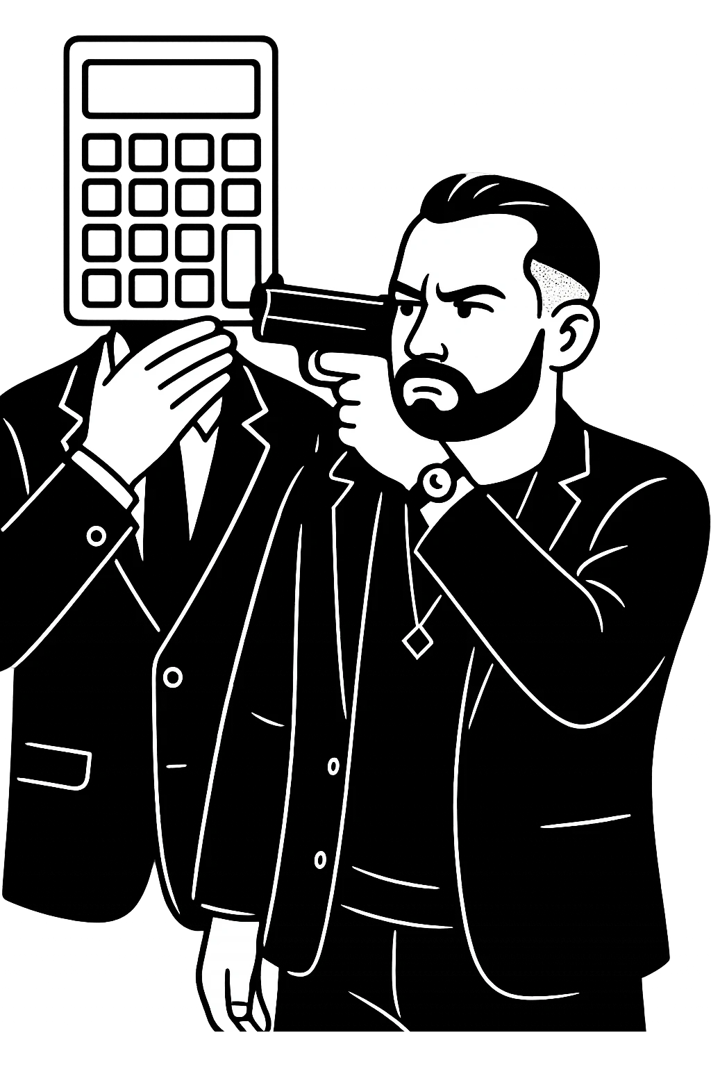 Используя такую стилистику и точно такого же героя, ему приставил к виску пистолет, а другой рукой закрывает рот фигура, у которого вместо головы калькулятор, прозрачный фон emoji