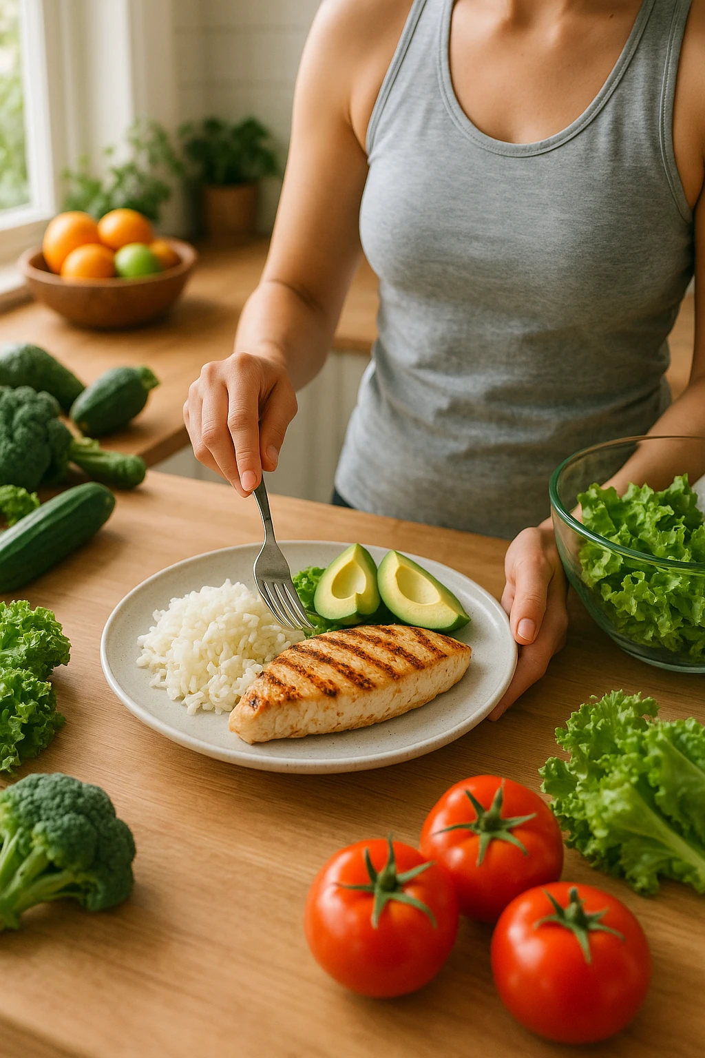 realistic scene of a woman preparing a balanced and fit meal with clearly visible carbohydrates, proteins, and fats on the plate, bright and healthy atmosphere, natural details, aspect ratio 2:3 emoji