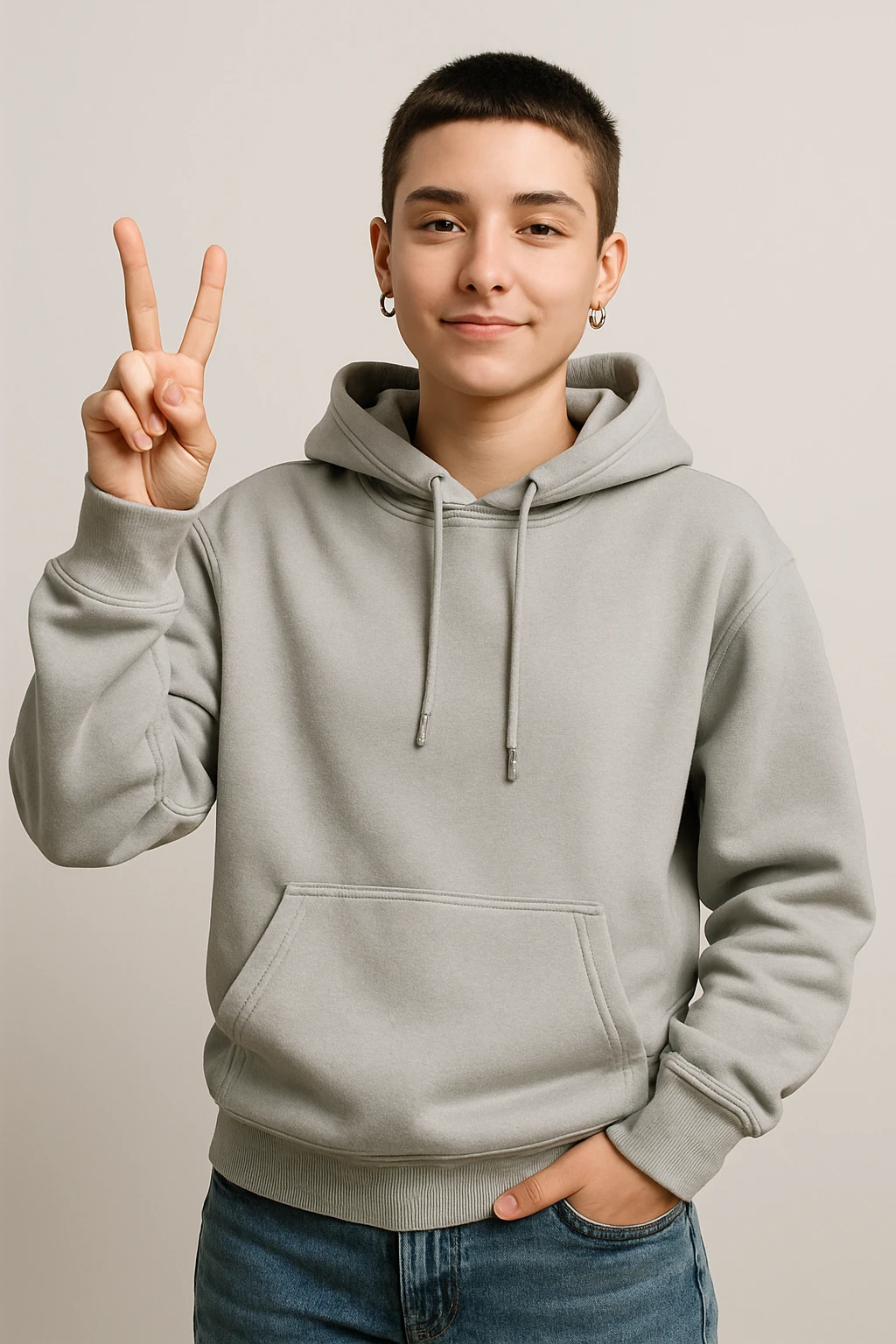 neutral gender Gen Z person showing a victory sign, casual modern style emoji
