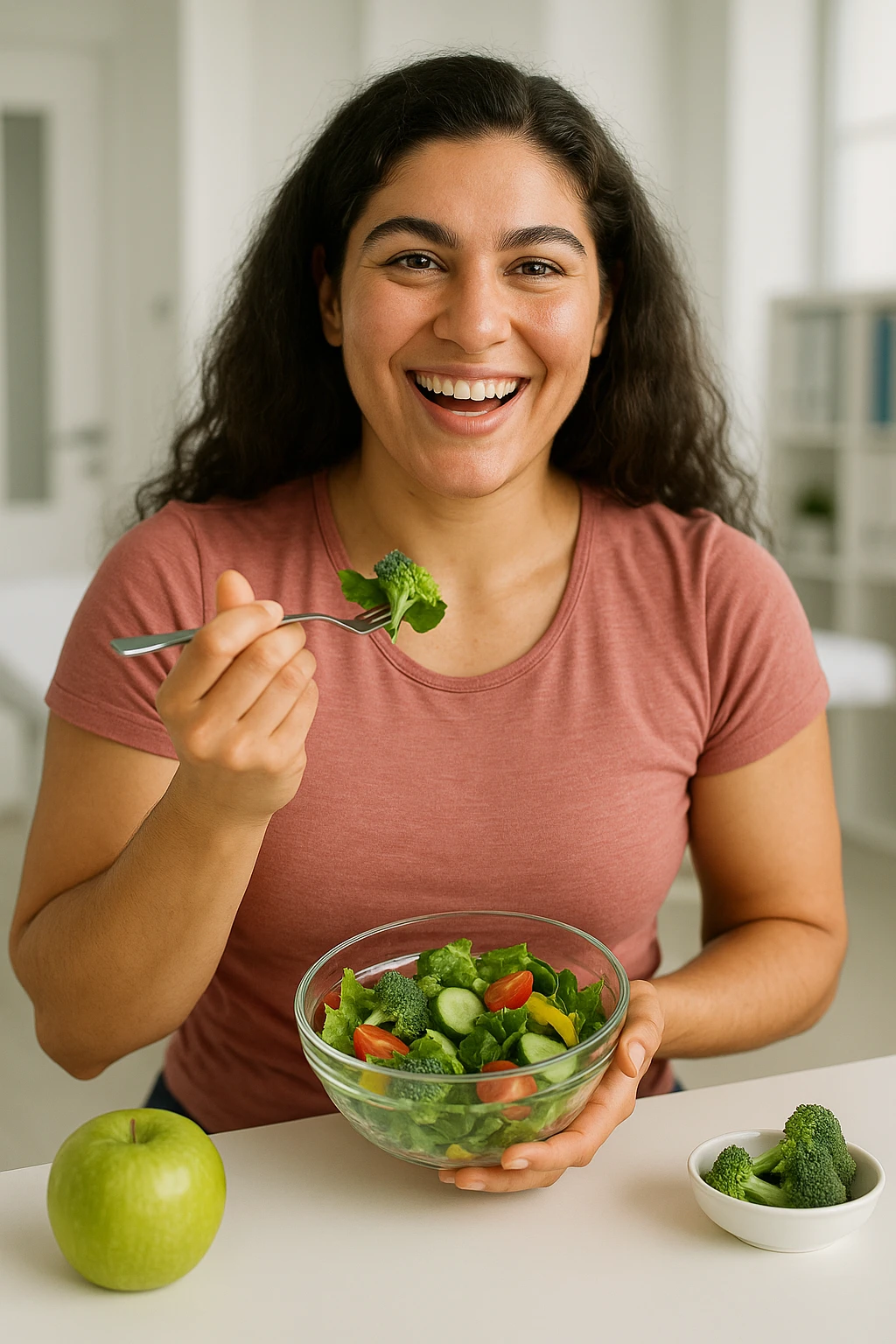 realistic portrait of a woman with PCOS eating healthy, vital appearance, well-cared skin, thick hair, energetic posture, clinical atmosphere, natural lighting, vertical 2:3 aspect ratio, no text emoji