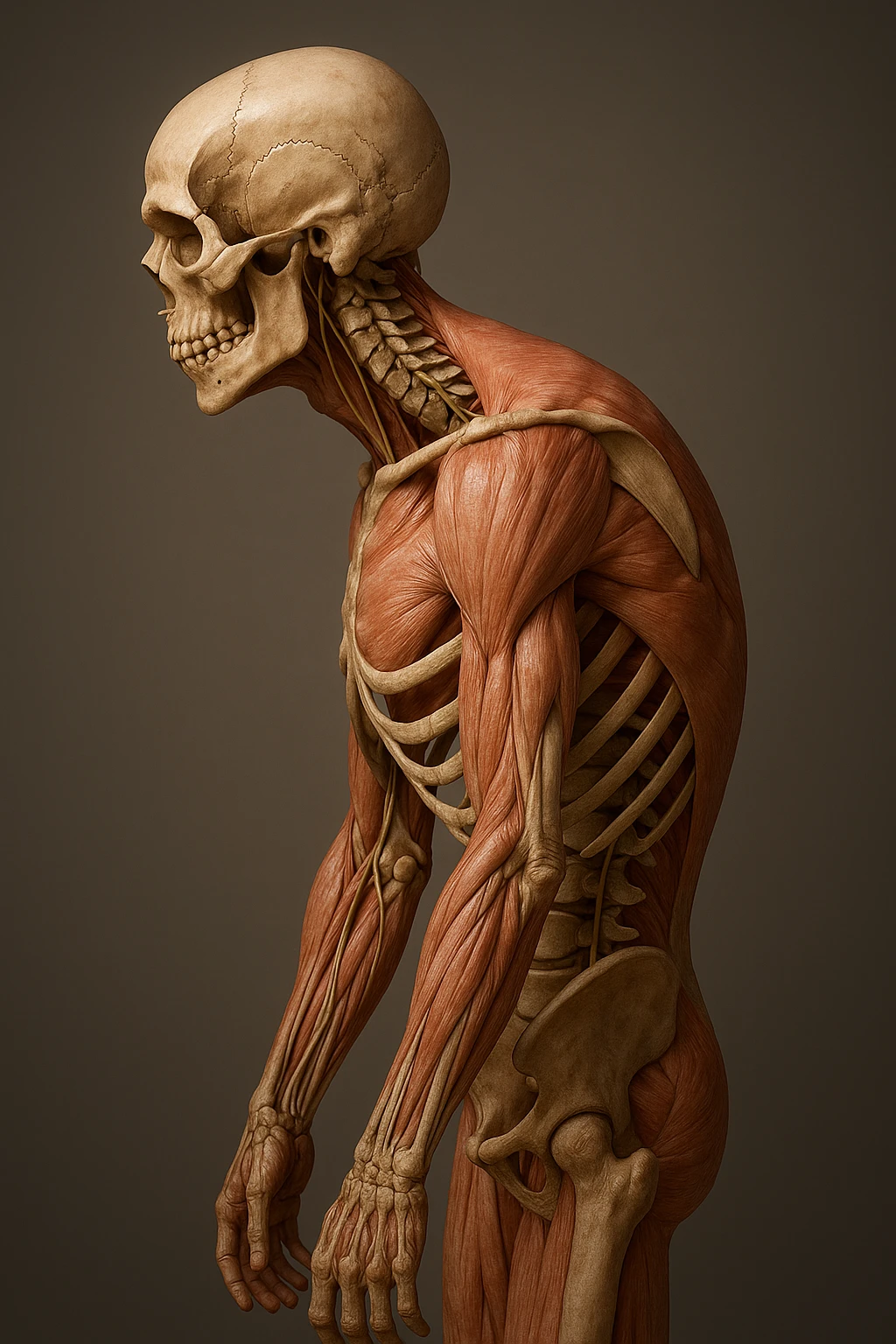 corpo UMANO ANATOMICO di profilo con spalle chiuse in avanti, postura errata, iperrealistico 4k emoji