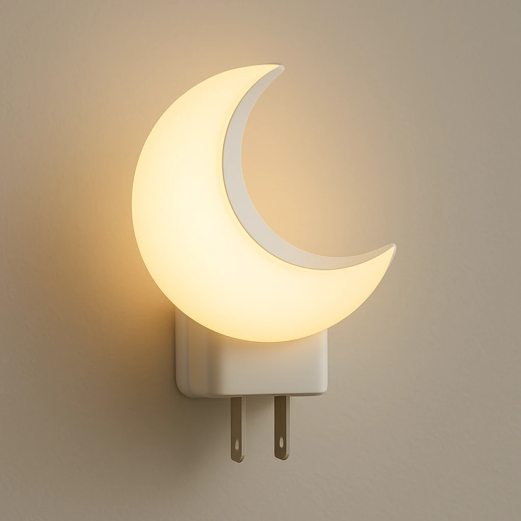 a crescent moon nightlight with a power plug, emitting gentle light, modern minimal style emoji