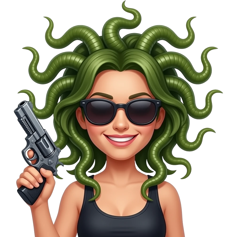 Smirking Beautiful Medusa with sunglasses holding gun emoji