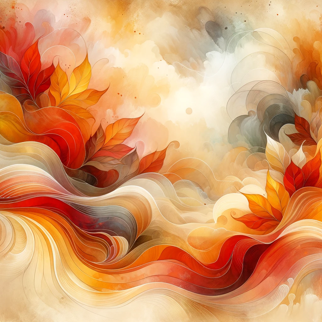 Autumn background, soft watercolor texture, warm fall color palette (orange, red, yellow, brown, beige), abstract flowing shapes, gentle gradients, artistic handmade look emoji