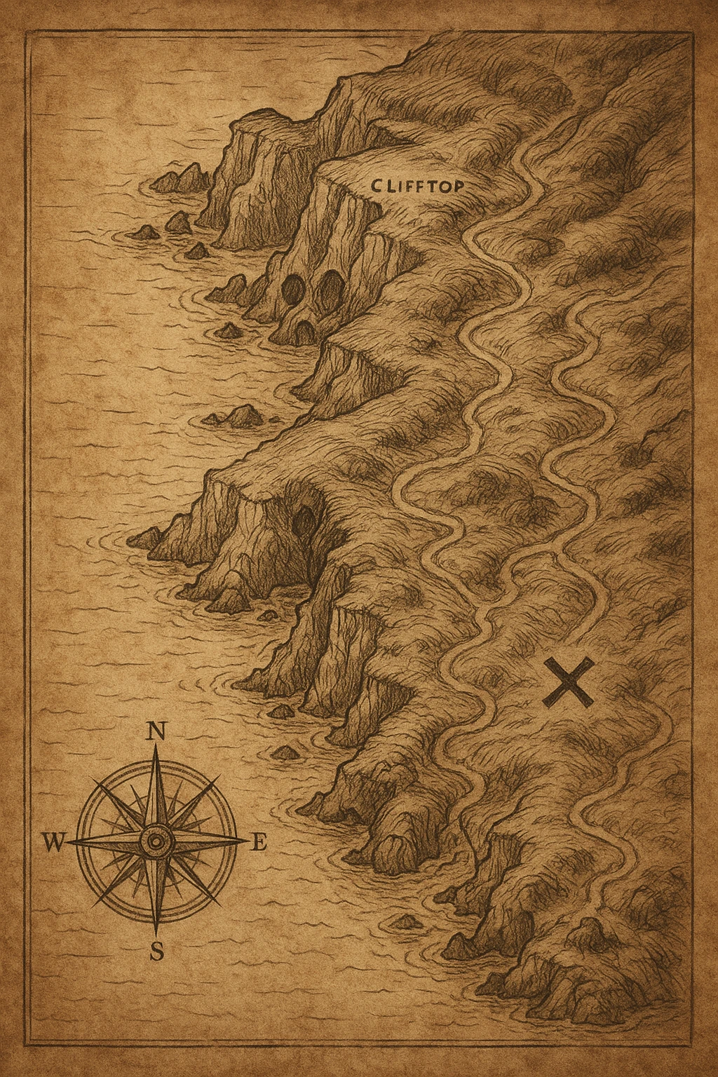 A realistic treasure map of a mysterious coastal region, with cliffs, hidden caves, winding paths, and a marked treasure spot. Includes a compass rose and aged paper look. emoji