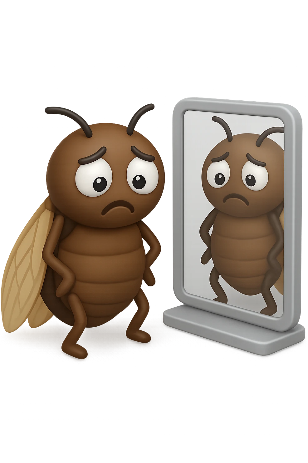 EMOJI STILE IPHONE 3D DI una cicala troste che si guarda allo specchio insoddisfatta del suo fisico, fagli gli occhi bianchi , non solo la pupilla emoji