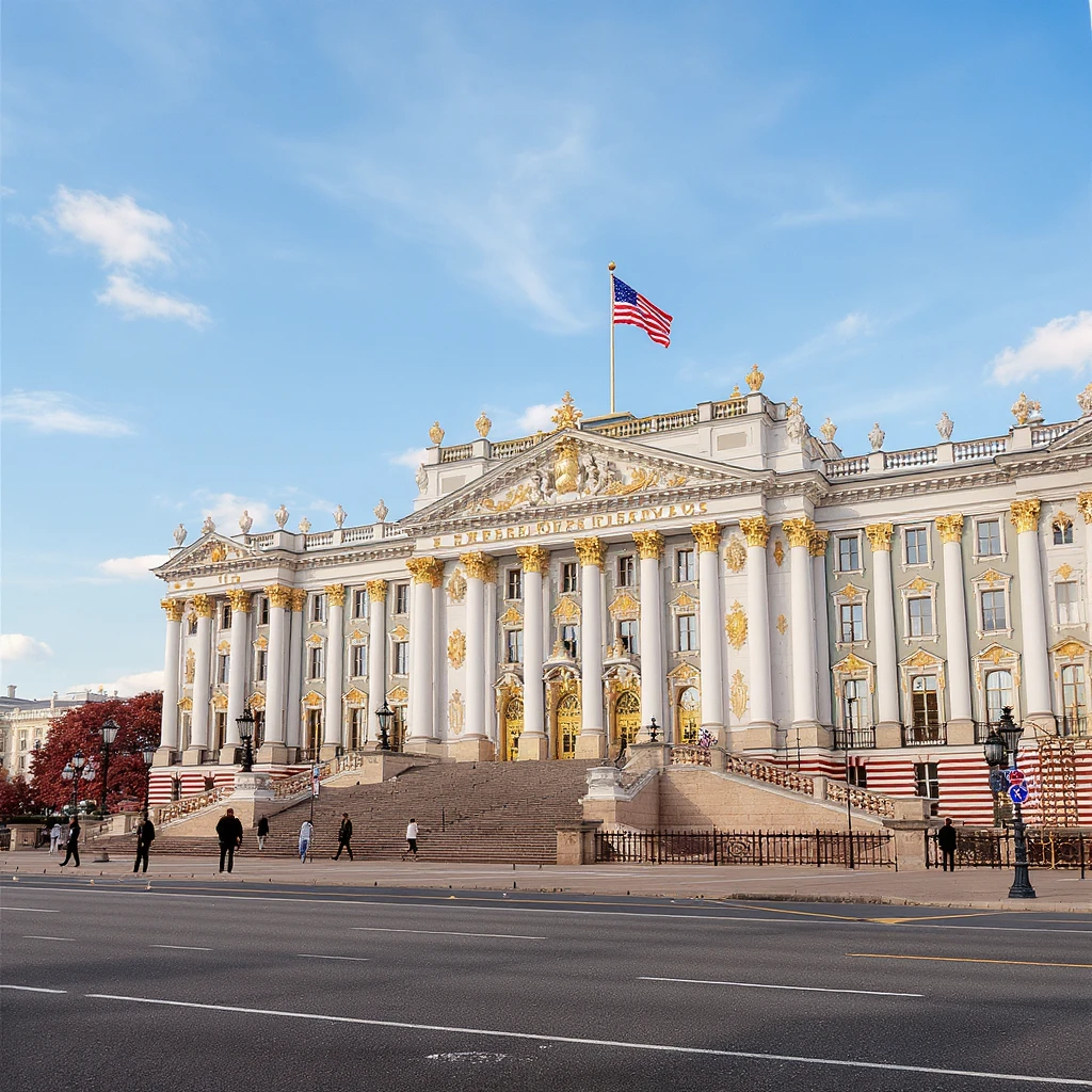 Zoom out slightly to show the whole White House parliament building in Moscow, maintaining a cinematic, realistic style with majestic ornate architecture, lifelike detail, bright lighting, and accurate colors. Keep the fully transparent background with no sky. Do not change anything else. emoji