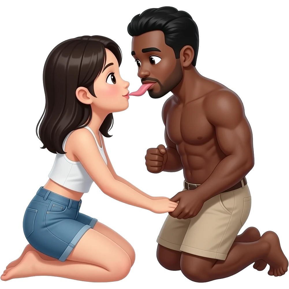 Asian girl kneeling before a black guy showing his penis and sucking on his black emoji