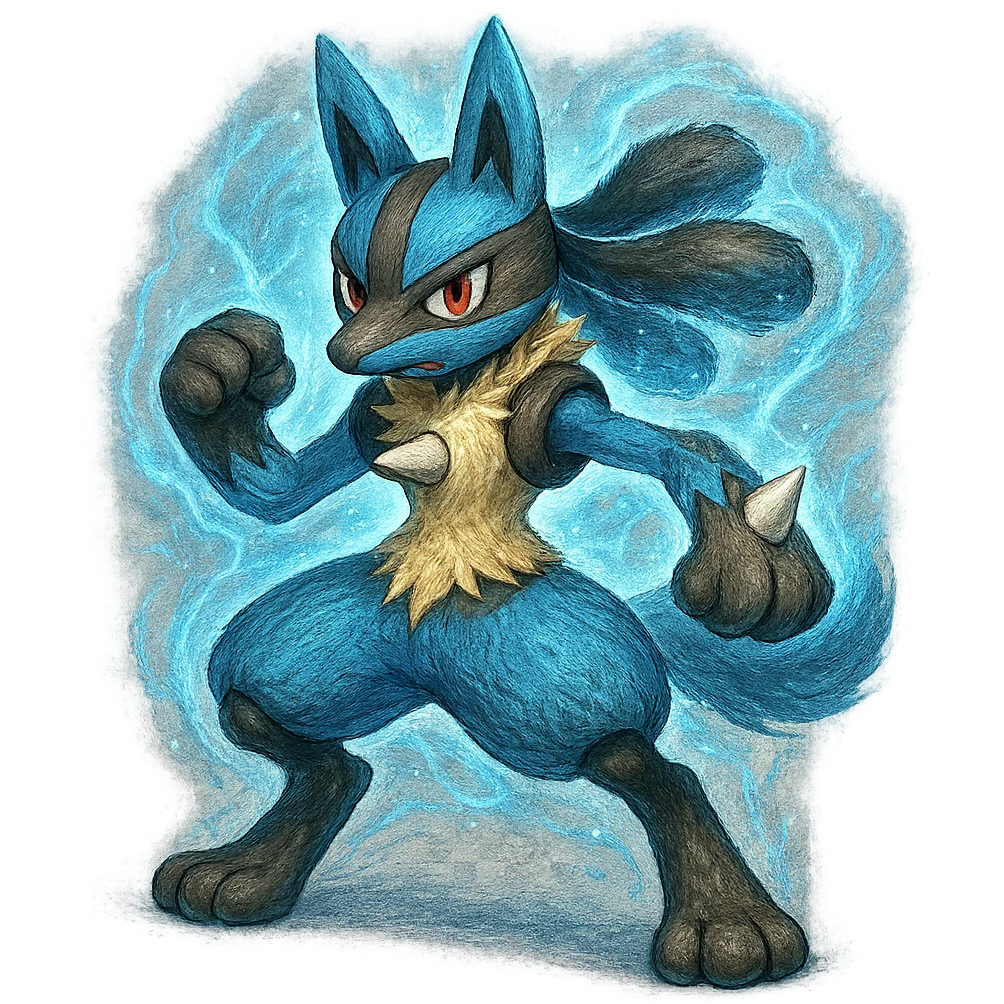 Lucario, blue and black jackal-like Pokémon, standing in a dynamic pose, detailed fur, glowing aura, expressive eyes emoji