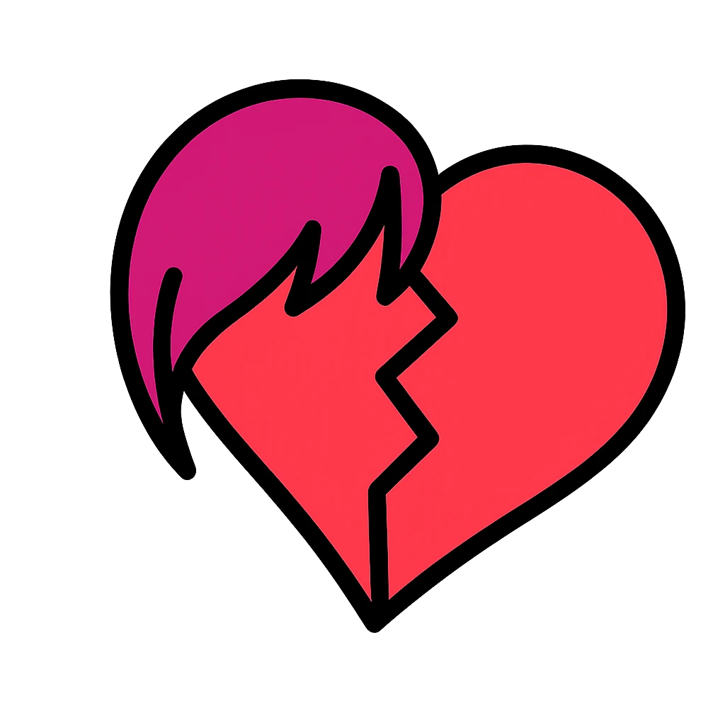color outline icon of a broken heart with side bangs and emo style emoji
