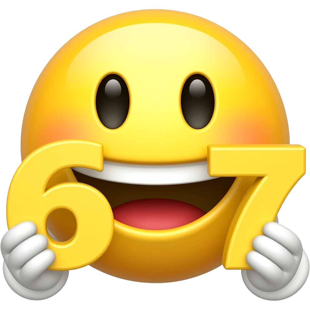 The classic yellow emoji with a grinning face has two hands in front of it, with the number 6 in one hand and the number 7 in the other. The numbers are also the classic emoji numbers. emoji