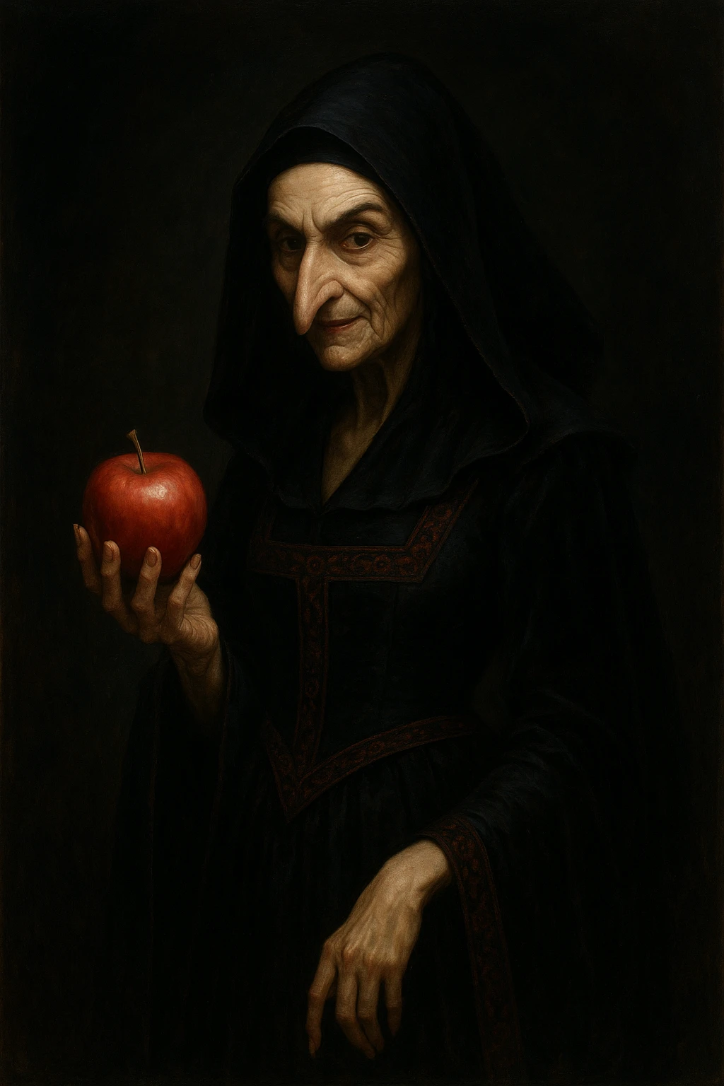 Snow White witch, elegant and sinister, medieval dress, long nose, offering a shiny apple emoji
