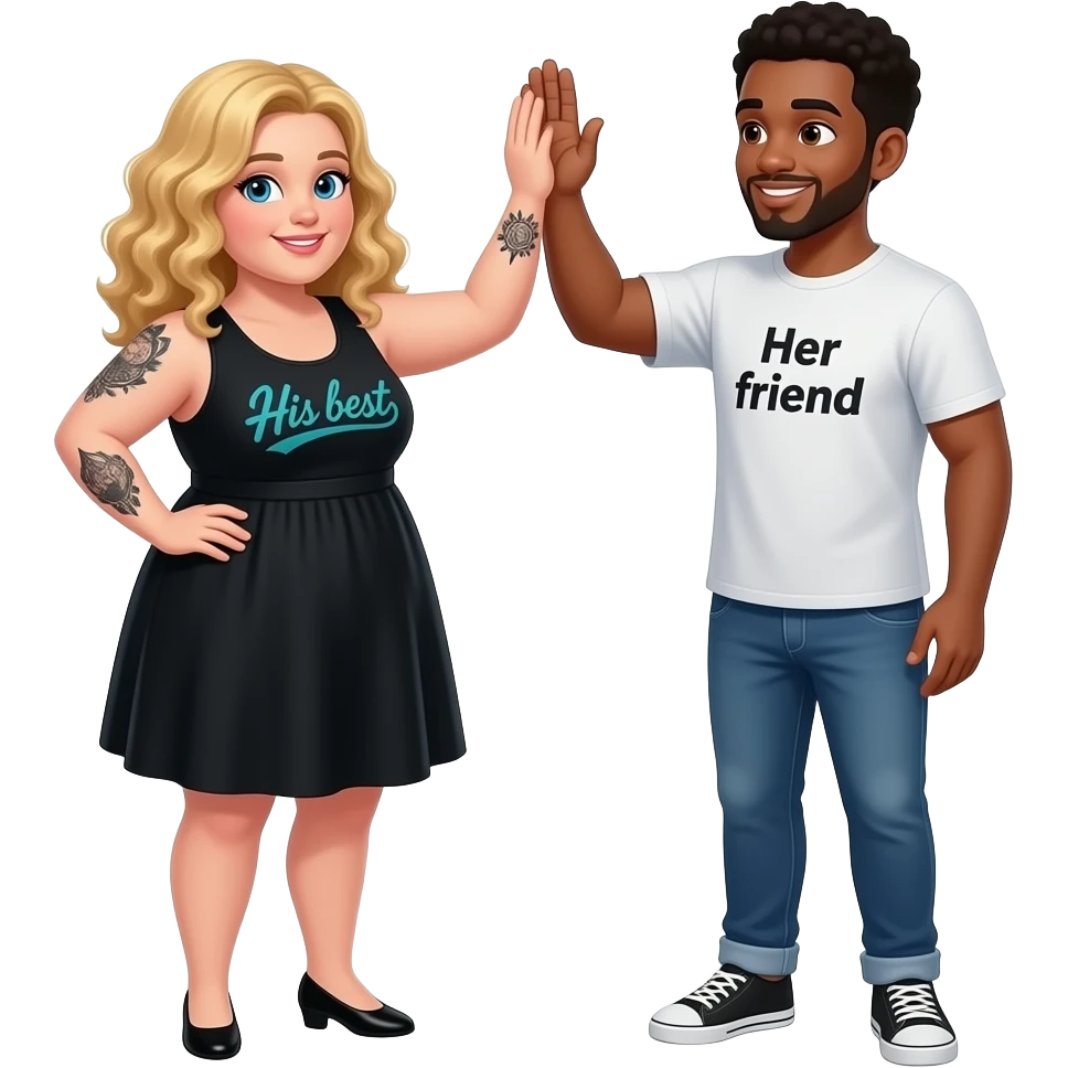 Plus size girl, Blonde curly hair, blue eyes, black tattoos on right lower arm, wearing no sleeve black summer dress saying “His best” written in teal cursive writing & African American man with black hair, brown eyes, NO facial hair, saying “Her friend“  on his shirt giving each other a high five emoji