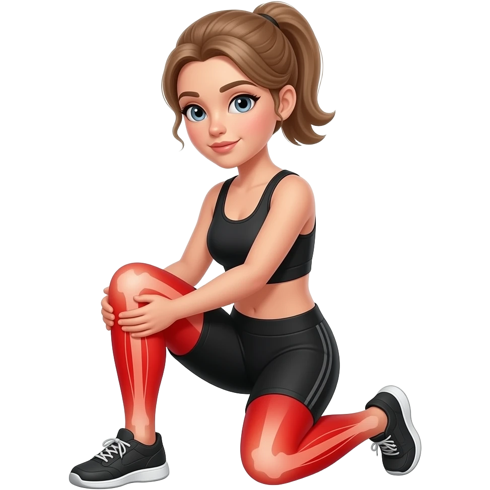 leg pain, full red glow covering both legs from hips to feet, woman holding one leg, fair-skinned woman, gray-blue eyes, ash brown brows, ash light brown hair tied back, slim athletic body, black workout set emoji