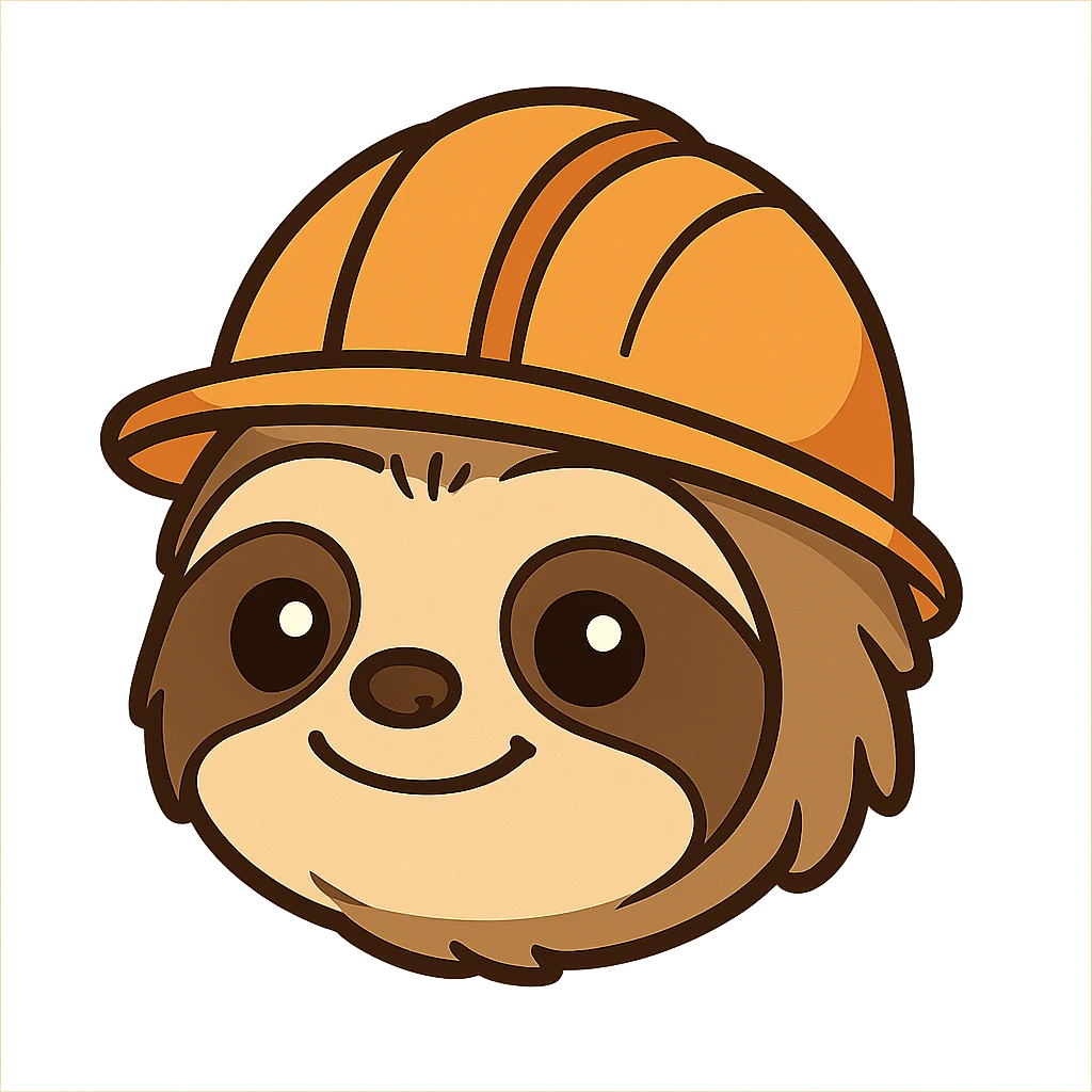 cute baby sloth head, orange hard hat, no body, flat 2D cartoon style emoji