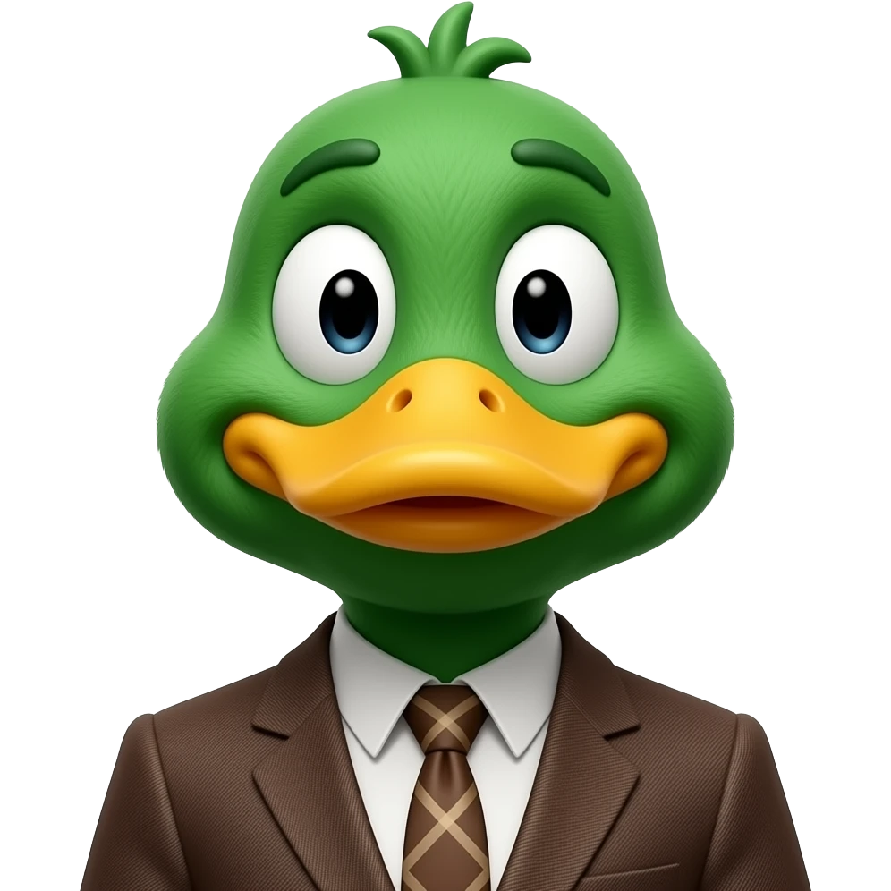 Duck from Don’t Hug Me I’m Scared, green puppet Duck character with a yellow beak, cartoon eyes, and wearing a brown suit emoji