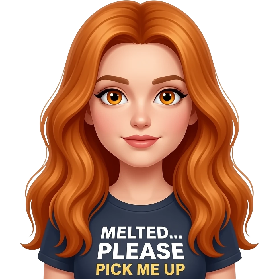 sexy girl with overlong ginger hair and ginger eyes a top with MELTED... PLEASE PICK ME UP written on it emoji